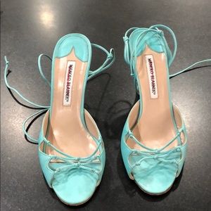 Turquoise leather lace up Manolo Blahniks